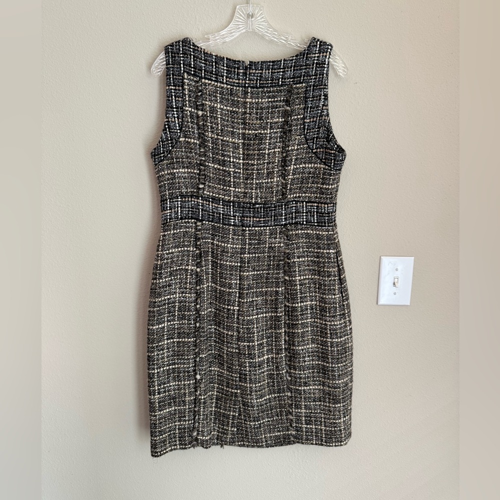 J. Crew Wool Woven Eyelash Fringe Trim Lined Pepper Tweed Midi Dress size 12 - Picture 6 of 9